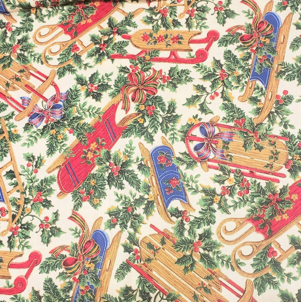 Vintage Cranston VIP 100% Cotton Hollyday Sleds & Holly  1yd Red Green Gold